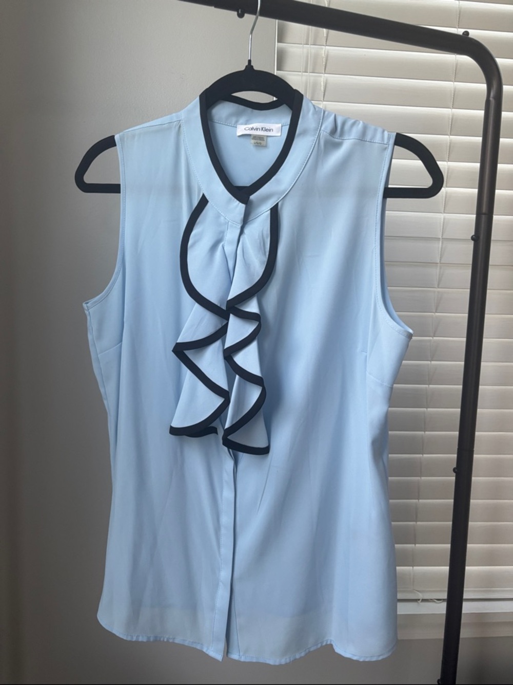 Calvin Klein Pale Blue Sleeveless Ruffle-Trim Blouse